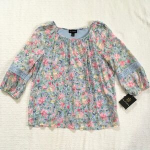 Womens‎ Cottage Floral Pastel Lace Trim Blouse Blue Pink Medium NWT I.N.Studio